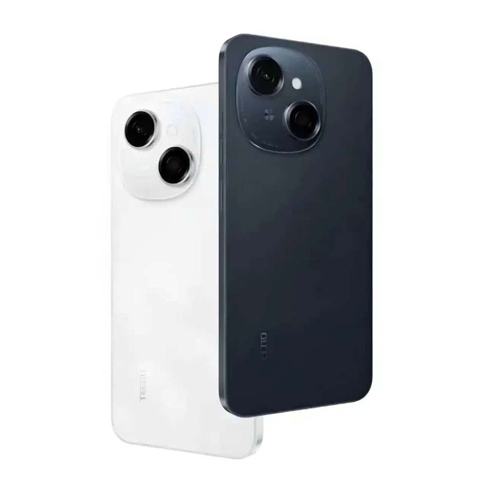 TECNO Pop 9 smartphone in two colors, black and white, with dual rear cameras.